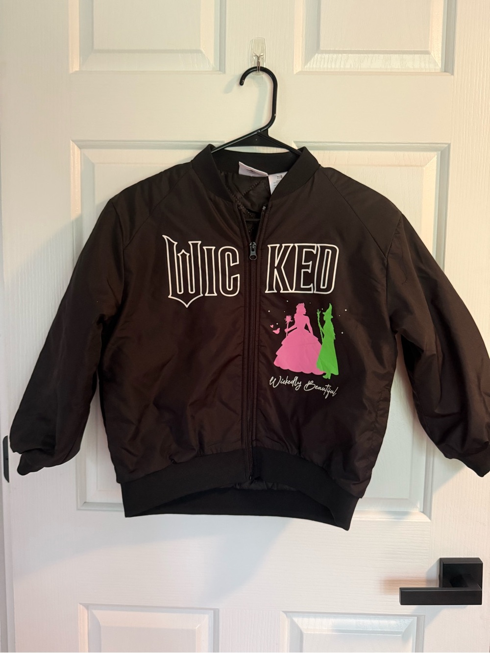 Girls' Black Graphic 'Wicked' Bomber Jacket with Pink & Green Accents
